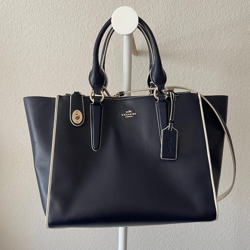 Coach Crosby Carryall Crossbody in Navy Blue Smooth Leather with White Edges